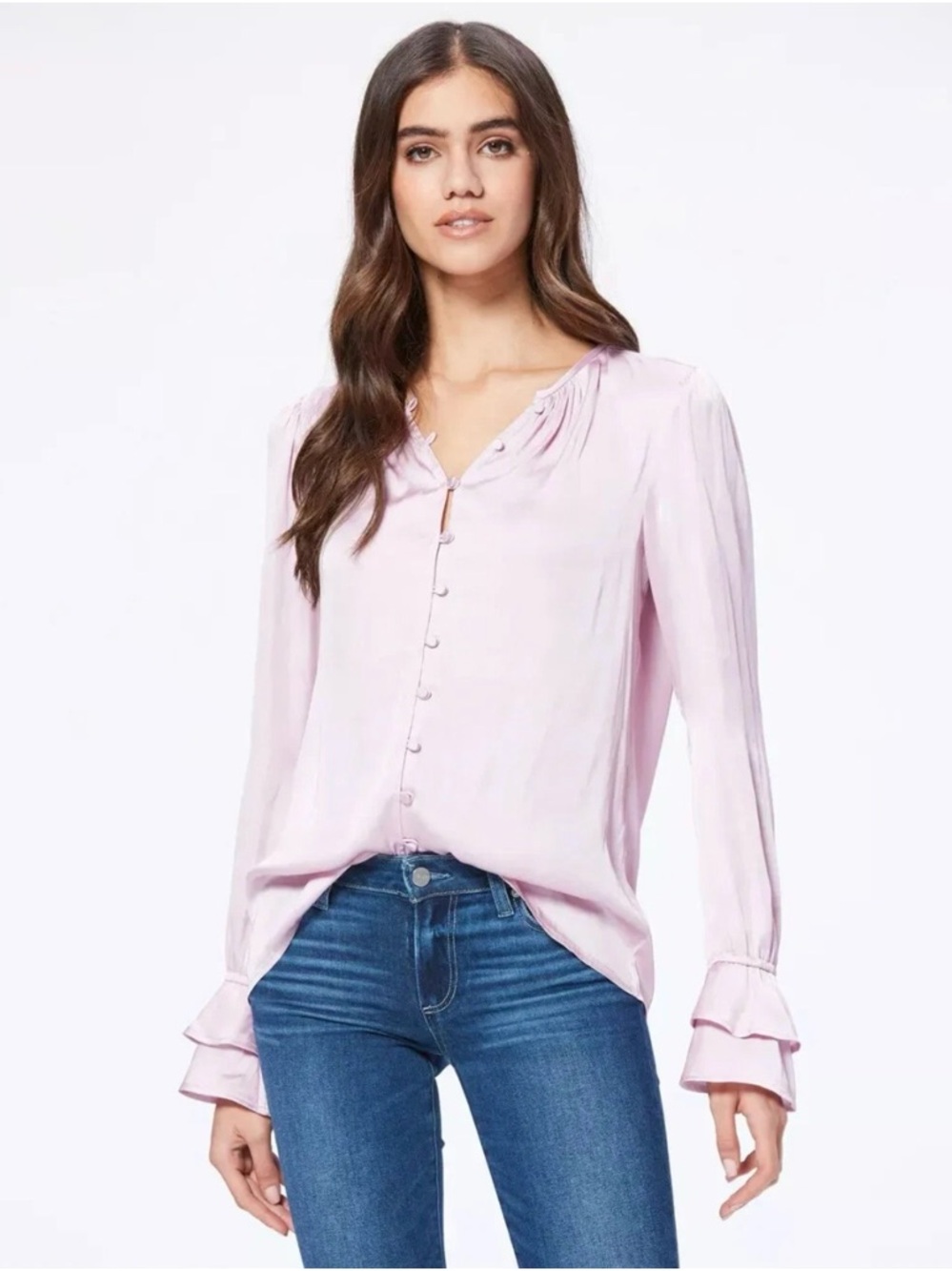 PAIGE‎ Vienne Blouse Fragrant Rose Pink Satin Ruffle Button Romantic Victorian